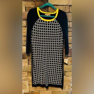 NWT Ellen Tracy Black and White Grid Dress / trimmed in yellow. SZ Med